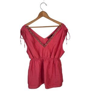 The Limited 100% Silk Coral Pink + Gold Beaded Layered Ruffle Blouson Tank Top